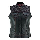 Leatherick Motorradweste aus schwarzem Leder für Damen – traditionelles Paisley-Satinfutter mit rosa Herznähten (as3, alpha, s, regular, regular, Genähtes Rotes Herz)