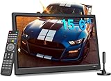 KCR Tragbarer Digitalfernseher, 12 V DVB-T2 TV, HDMI/AV/USB-Eingänge, Fernbedienung, 12 V Kfz-Ladegerät, kompatibel, 39,6 cm (15,6 Zoll), Schwarz
