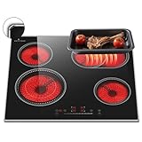 Glaskeramikkochfeld 4 Platten mit Rahmen, DELITEER Kochfeld Autark, mit Ovaler und Doppelter Zone, Schieberegler Touch, Sicherheitsschloss, Metallrahmen Schutzglas, Kein Stecker, 6600W, 230V