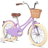 Glerc 18 Zoll Kinder Mädchen Fahrrad für 5 6 7 8 Jahre alt kleine Mädchen Retro Vintage-Stil Fahrräder mit Korb Training Räder und Glocke, lila