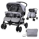 Lorelli Zwillingskinderwagen Twin, Zwillingsbuggy klappbar für 2 Kinder, leicht, kompakter Zwillingswagen, Geschwister Kinderwagen mit Einhand-Klappsystem, grau