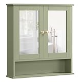 VASAGLE Spiegelschrank, Badschrank, Wandschrank, Hängeschrank mit 2 Spiegeltüren und offenem Fach, verstellbare Ablage, Wandmontage, 13 x 56,5 x 58,5 cm, salbeigrün LHC002C02
