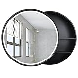 ZOOPH Badezimmerspiegel, LED-beleuchtet, rund, Wandmontage, Massivholzspiegel, 70 cm, mit Stauraum, moderne Wohnkultur, stilvoller Schminktisch für ultimative Reflexion (Schwarz, 60 cm)