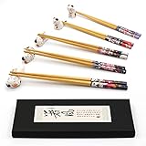 Essstäbchen und Essstäbchen Rest Set, Lucky Cat Essstäbchenhalter 5 Katzen, Klassische japanische Bambus natürliche Wiederverwendbare Essstäbchen, Set 5 Paare