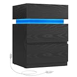 VASAGLE Nachttisch mit LED-Beleuchtung, Beistelltisch, einstellbare Farben, Sofatisch 3 Schubladen, Nachtschrank Schlafzimmer, modern, 35 x 40 x 55 cm, schwarz mit Holzmaserung LET630T56
