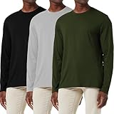 3-Pack Herren Baumwollhemd Loose Fit Langarm T-Shirt Feuchtigkeitsableitend Rundhalsshirts Komfort Casual Base Layer Tops Schwarz/Grau/Grün-3P02-L