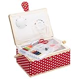Navaris Nähkasten Nähkästchen Nähkoffer für Handarbeit - Korb mit praktischem Tragegriff - Handarbeitskorb inkl. Nähzubehör - Punkte Rot Design
