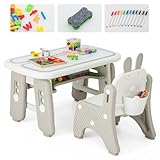COSTWAY Kindertisch mit Stuhl, Kindersitzgruppe mit Stauraum, Kinder Tisch höhenverstellbar mit aufklappbarem Bücherregal & magnetischem Zeichenbrett, Maltisch für Kinder bis 12 Jahren