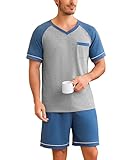 Irdcomps Pyjama Herren Schlafanzug Kurz Sommer Baumwolle Shorty Set Männer Kurzarm Nachtwäsche mit Shorts Blau XXL