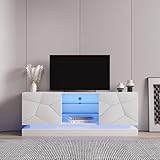 OKMYHOME TV-Möbel mit LED 16 Sek. und verstellbarer Glasablage, Türen weiß glänzend, 160 x 38,5 x 60 cm, Weiß