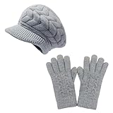 AUSUAYA Damen-Wintermütze, Krempe, Wollstrickmütze, warmes Fleece gefüttert und Visier für Damen, Wollstrick, Newsboy Cap UK-WS-H1, Z1 graue Mütze + Touchscreen-Handschuhe, M