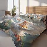 Fantasy Bettwäsche 135 x 200 cm , Katze Gans Chinesische Mauer Bettwäsche-Set Robusten Weich und Bügelfrei Mikrofaser, Mehrfarbig Wendbar Bettbezug mit 1 Kissenbezug für Gaming-Zimmer Zockerzimmer