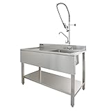 KuKoo Gewerbliche Küche Catering Spüle & Vorspül-Mischbatterie, LH Abtropfgestell, Edelstahl, 1,0 Schüssel, 120 cm breit