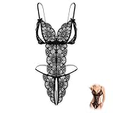 Ynkkvre Sexy Damen Dessous Set, Sexy Unterwäsche Dessous Spitze Hohl Body Sexy Set, V-Ausschnitt Reizwäsche One Piece Erotische Lingerie Negligee, Verstellbare Offen Unterwäsche(Schwarz)