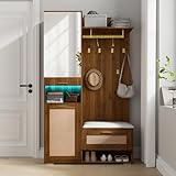 BNUZ Kleiderschrank-Set 110 x 190 cm Walnuss + Weiß, mit Spiegel und 6 goldenen Haken, Schuhschrank, Wandgarderobe, oberem Stauraumfach, Sitzbank, Garderoben-Set