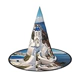 JEKYDOSD Santorini Griechische Insel Meer Blick Druck Halloween Hut Gruseliges Partyzubehör Karneval Maskerade Bälle