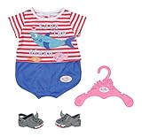 BABY Born Zapf Creation 834268 Bath Pyjamas & Clogsblau 43cm-Puppenschlafanzug Puppenkleidung für 43 cm Puppen, Einteiler mit Schuhen, rot-weiß gestreift, blau