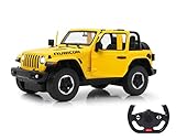 JAMARA 405178 - Jeep Wrangler JL 1:14 2,4GHz Tür manuell - offiziell lizenziert, bis 1 Std Fahrzeit, ca. 11 Kmh, perfekt nachgebildete Details, detaillierter Innenraum, LED Licht, Gelb