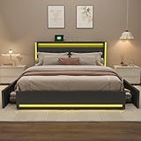 SUNFECILI Polsterbett 140x200cm mit 4 Schubladen, LED-Kopfteil mit USB Ladefunktion, Polsterbett 140x200cm mit Stauraum und Kopfteil, Bettgestell mit Holz Lattenrost,Jugendbett Funktionsbett