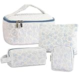 4er Set Kosmetiktaschen, Kulturtasche Damen mit Blumenmuster, Kulturbeutel Make Up Tasche Tragbare Reise Kosmetiktasche klein mit Fächern