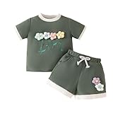 Kinderkleidung, Sommer-Stil, Rundhalsausschnitt, Kontrastfarbe, kurzärmelig, drei Blumen, 2-teiliger Anzug für Kinder (Grün, 2–3 Jahre)