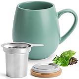 Happy Lemuro Teetasse mit Deckel und Sieb - 550 ml Teebecher mit Sieb - Keramik Teetasse Groß - XXL Teetassen - Tee Tasse mit Deckel - Tee Zubehör - Große Tasse mit Teesieb - Jumbotasse in Türkis