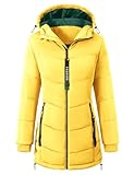CMTOP Wintermantel Damen Warme Steppmantel Dicker Winterjacke Herbst Winter Steppjacke Parka Lang Reißverschluss Damen-mäntel Casual Winterparka mit Kapuze, Taschen(Gelb, L)