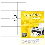 TopStick 8709 Universal Etiketten, 100 Blatt, 70 x 67,7 mm, 12 pro A4 Bogen, 1200 Stück, selbstklebend, bedruckbar, matt, blanko Papier Klebeetiketten Aufkleber, weiß