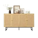 Sideboard 140cm, Küchenschrank mit 4 Türen aus Rattan, Verstellbare Regale, Beine aus Metall, Moderne Wohnzimmerschrank, Aufbewahrungsschrank für Wohnzimmer Schlafzimmer, 140 x 39.5 x 80cm