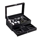 Generisch Uhrenbox, Uhrenetui, Uhrenständer, Uhrenbeweger, Uhrendisplay-Organizer, multifunktional, Kohlefaser, 2 Schichten, 6 Schlitze, 3 Gitter, Brillenaufbewahrung, Uhrenrolle, Uhrenhalter