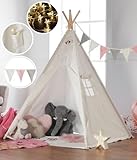 Haus Projekt Tipi Zelt für Kinder mit Lichterkette, Wimpelkette, Aufbewahrungstasche & Bodenmatte – Tipi Kinderzelt, Kinderzimmer Spielzelt 100% Baumwoll, drinnen/draußen, 160cm hoch, CE-Zertifiziert