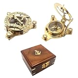 Nautischer Messing-Sonnenuhr-Kompass, 2' Antikes Design, mit Holzbox und Ankeremblem