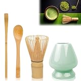 Matcha Besen – Matcha besen set - 4-teiliges Matcha Zubehör –Set mit Matcha Löffeln und Keramik-Besenhalter –Set für Zubereitung und Zeremonien – cyanfarben
