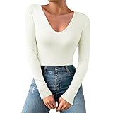 Thermohemd Langarm Herren Lässiges, einfarbiges Damen-Oberteil mit tiefem V-Ausschnitt und Stretch-Strick Schwarzes Langarm Shirt Damen (White, One Size)