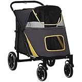 PawHut Hundewagen, Hundebuggy mit Kissen, faltbarer Hundetrolley, Katzenbuggy für große und mittelgroße Hunde, Hundetrolley mit Netzfenster, Sicherheitsleinen, Tasche, Oxfordstoff, Dunkelgrau