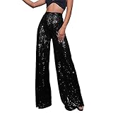 Generisch Pailletten Hose Damen braun Pailletten Hose Gold Glitzer Lang Metallic Hosen Karneval Paillettenhose 70er High Waist Baggy Freizeithose Weites Bein Tanzhose Locker Große Größen Schlaghose