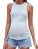 Brynmama Sommer Umstandstop Gestreiftes Geripptes Umstandsshirt Ärmellos Lässig Schlank Geschnittene Schwangerschafts-Tanktops für Frauen Grüner Streifen, X-L