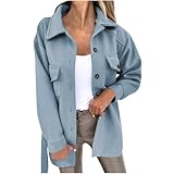 KDEIHT Damen Wollmantel Warmer Wintermantel Lässige Wolljacke Revers Hemdjacke Lange Ärmeln Hemdmantel mit Gürtel Winterjacke Teenager Mädchen Outdoorjacke Elegant Tweedjacke Hemdbluse