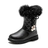 Generisch Schneestiefel für Mädchen im Herbst und Winter mit Plateausohle, rutschfest, warm, bequem, einfarbig, mit Schleife und seitlichem Reißverschluss (Black, 35.5 Big Kids)