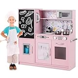 COSTWAY Kinderküche mit 10 Spielzubehör, Spielküche Kinder mit Tafel, Spielzeugküche mit Mikrowelle & Eismaschine & Geschirrspüler & Backofen, Holzküche für Kinder ab 3 Jahre (Weiß + Rosa)