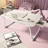 Faltbarer Laptop-Betttisch, Knietisch, Esstisch, mit klappbaren Beinen und Getränkeschlitz, Port/Getränkehalter/Aufbewahrungsschublade für Arbeiten, Essen, Lapdesk auf niedrigem Sitzboden (weiß)