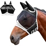 LUMOOM Fliegenmaske Pferd, Pferdemaske mit UV-Schutz, Pferdemaske mit Ohrenschutz, Fliegenohren Pferd, Fliegenhaube, Horse Fly Mask (M, Schwarz)