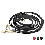 KENDUN Hundeleine Für Mittelgroßer Hunde, Hochwertiger Fettlederleine Mit Starkem Karabiner und Bequeme Griff, Mehrfach Verstellbare Reißfeste Und wasserdichte Lederleine - 2.3m x 12mm, Schwarz