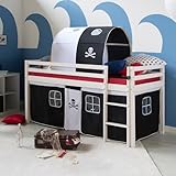 Homestyle4u Kinderhochbett Pirat weiß schwarz 90 x 200 cm Holz Kinderbett mit Leiter Tunnel Matratze Lattenrost