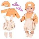 WanderGo Baby Puppen Puppenkleidung 35-43 cm, 4-teiliges Outfit mit 1 Oberteil + 1 Latzhose + 1 Strickmütze + 1 Paar Socken 2 rosa Kleiderbügel, Babypuppe Kleidung für 14-18 Zoll Puppen