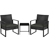 Yaheetech Balkonmöbel Set, Gartenmöbel-Set aus PE-Polyrattan Wetterfest inkl. 2 Stühle mit Sitzkissen & Tisch, 3 Teilig Terrassenmöbel Sitzgruppe Lounge Set für Balkon/Terrasse/Garten, Schwarz-Grau