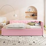 Tagesbett ausziehbar，Bett led，Schlafcouch,140*200cm Tagesbett, Schlafsofa, Bett mit Lattenrost (ohne Matratze), mit Nachttischlampe, mit multifunktionalem Ausziehbett, Komfortmaterial,Rosa