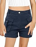 Minthunter Lässige Cargo-Shorts für Mädchen, hohe Taille, mit Taschen, Sommer, kurze Hotpants, Blau, 116