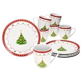 MamboCat Weihnachtstraum 12tlg Frühstücksset I Je 6x kleine Frühstücksteller & Kaffeebecher 340ml für 6 Personen mit Weihnachtsdekor I Porzellan-Geschirr für Weihnachten, Advent & Nikolaus