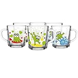 Glasmark KROSNO, 220ml, Set von 6, Gläser set kinder, Bedruckte Kinderbecher mit Froschmotiv, Trink-Glas, Kindertasse, Glasbecher mit Hörer, Spülmaschinenfest, Frosch Motiv
